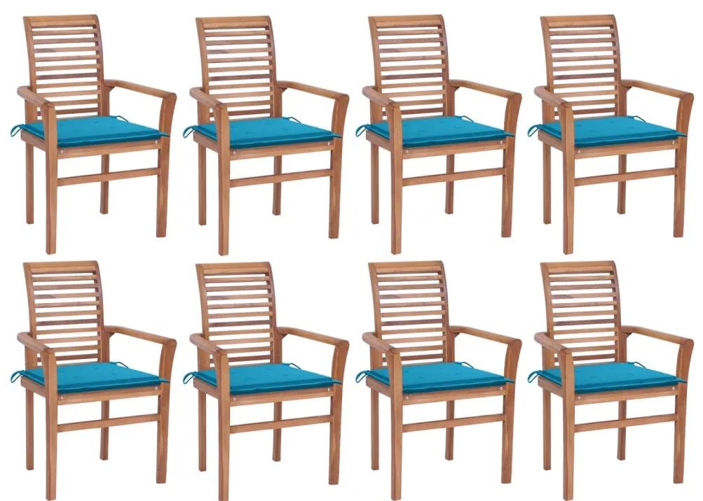 Cadeiras de jantar 8 pcs c/ almofadões azuis teca maciça