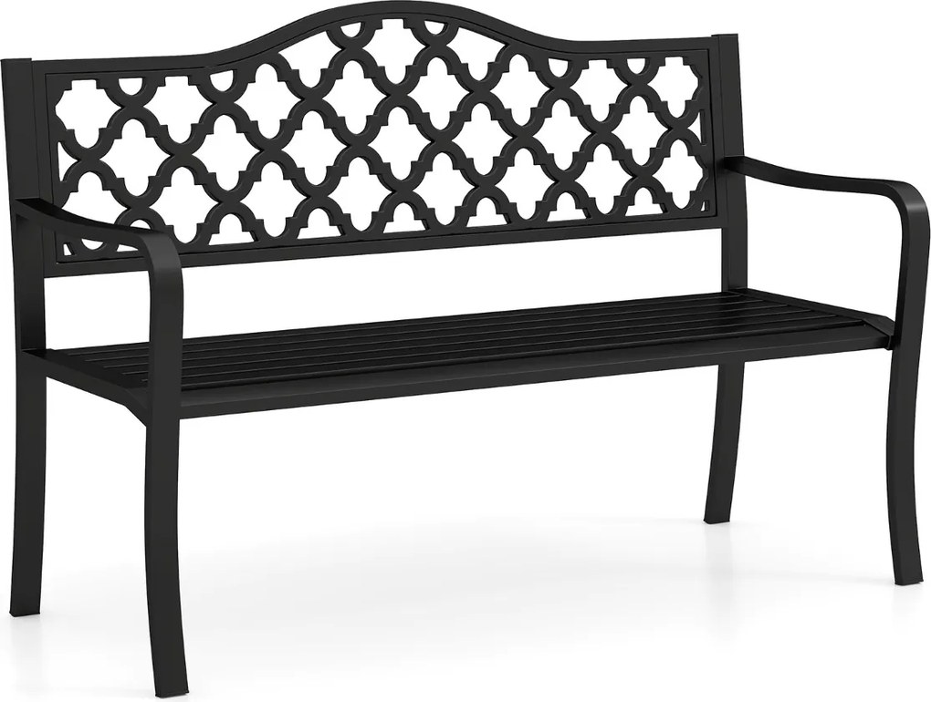 Banco de jardim em metal 54 x 128 x 89 cm com ripas para 2-3 pessoas com braços curvos Assento para varanda Piscina Preto