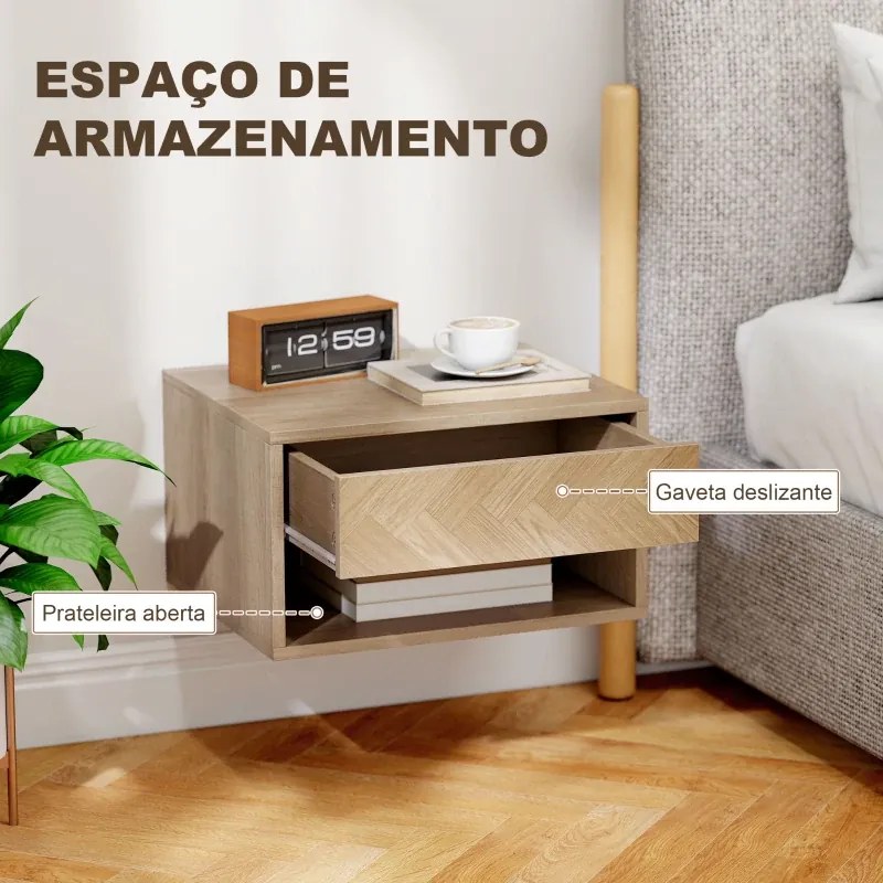 Conjunto de 2 Mesas de Cabeceira Suspensas com Gaveta e Compartimento para Quarto Sala 37x32x21 cm Madeira