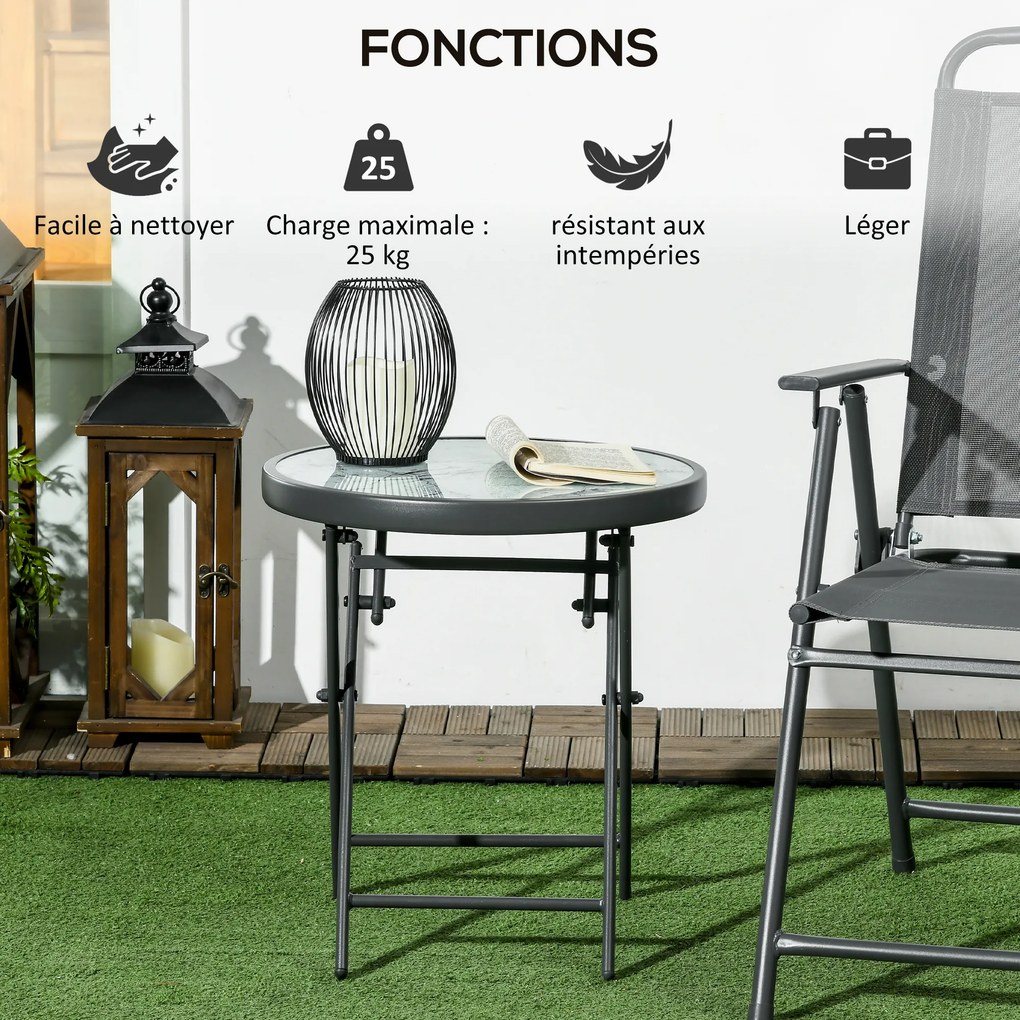 Mesa de jardim dobrável Ø45 x 50 cm, mesa auxiliar dobrável, tampo em vidro temperado com efeito mármore, estrutura redonda em metal, , cinzento escur