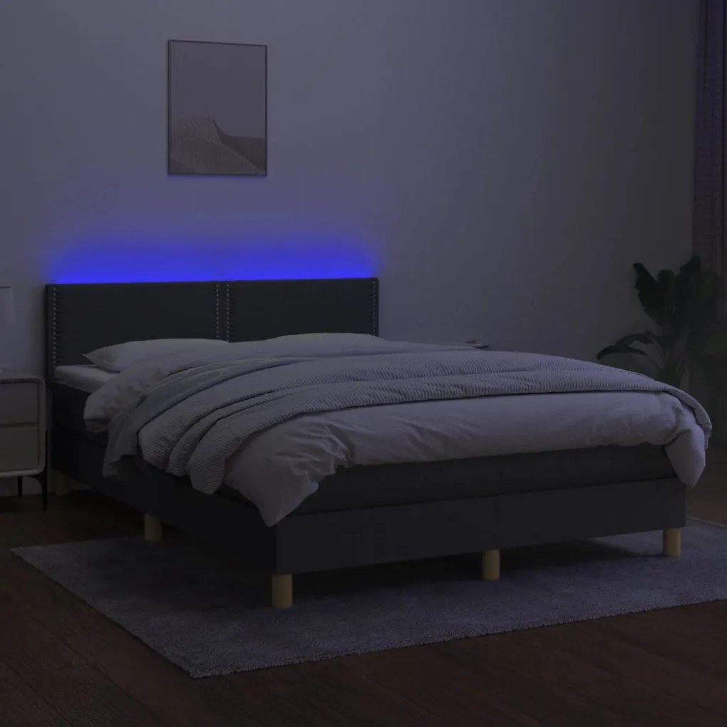 Cama box spring c/ colchão e LED 140x200 cm tecido cinza-escuro