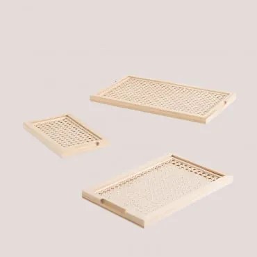 Conjunto De 3 Bandejas Em Rattan E Madeira Arxie Natural & ↑2 Cm - Sklum