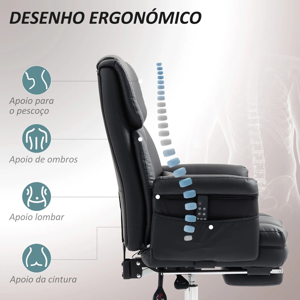 Cadeira de Escritório com Massagem em 6 Pontos Apoio para os Pés Retrátil Controlo Remoto e Suporte Lombar 69x65x115 cm Preto