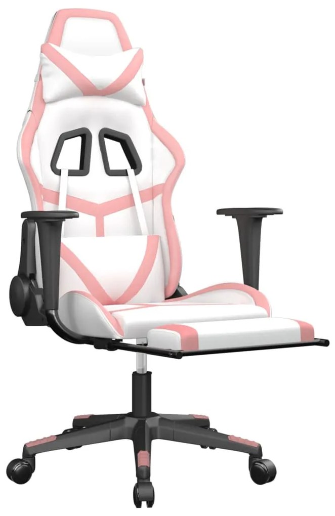 Cadeira gaming massagens c/ apoio pés couro artif. branco/rosa