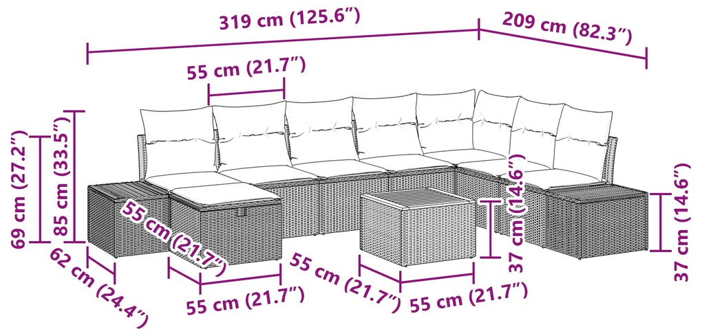 Conjunto de Sofá de Jardim de 9 Peças com Almofadas Bege de Vime Poly