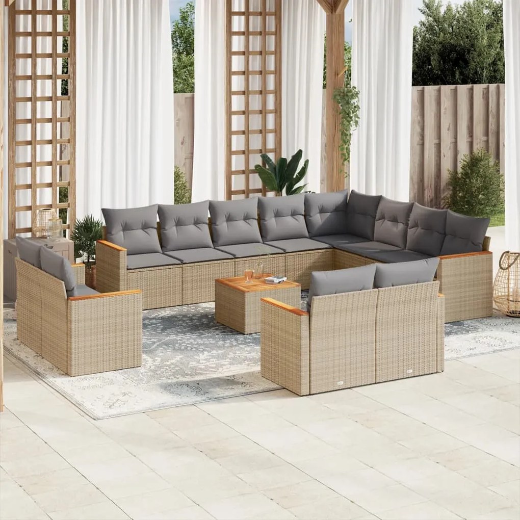 13 pcs conjunto de sofás p/ jardim com almofadões vime PE bege