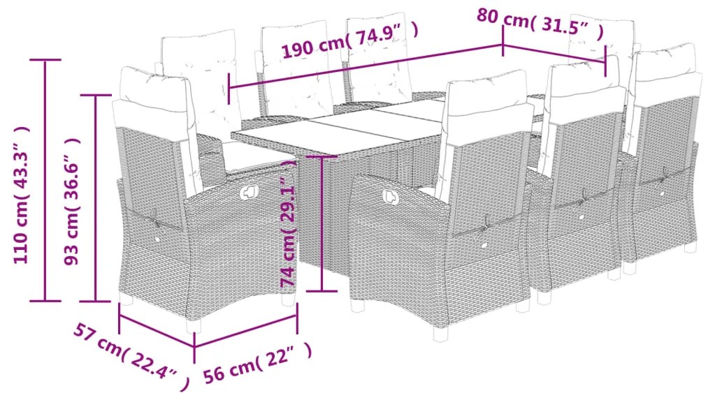 9 pcs conjunto jantar p/ jardim c/ almofadões vime PE castanho