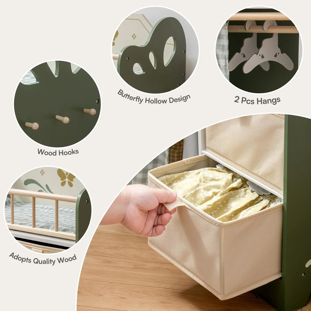 Berço de madeira de brincar para bonecas e crianças 57 × 56 × 29 cm Verde