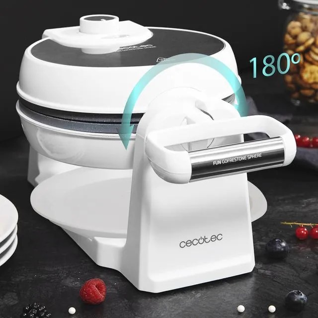 Máquina de waffles de 1000 W Fun Gofrestone Sphere, revestimento antiaderente RockStone, design circular, rotação de 180° para uma utilização ótima, i
