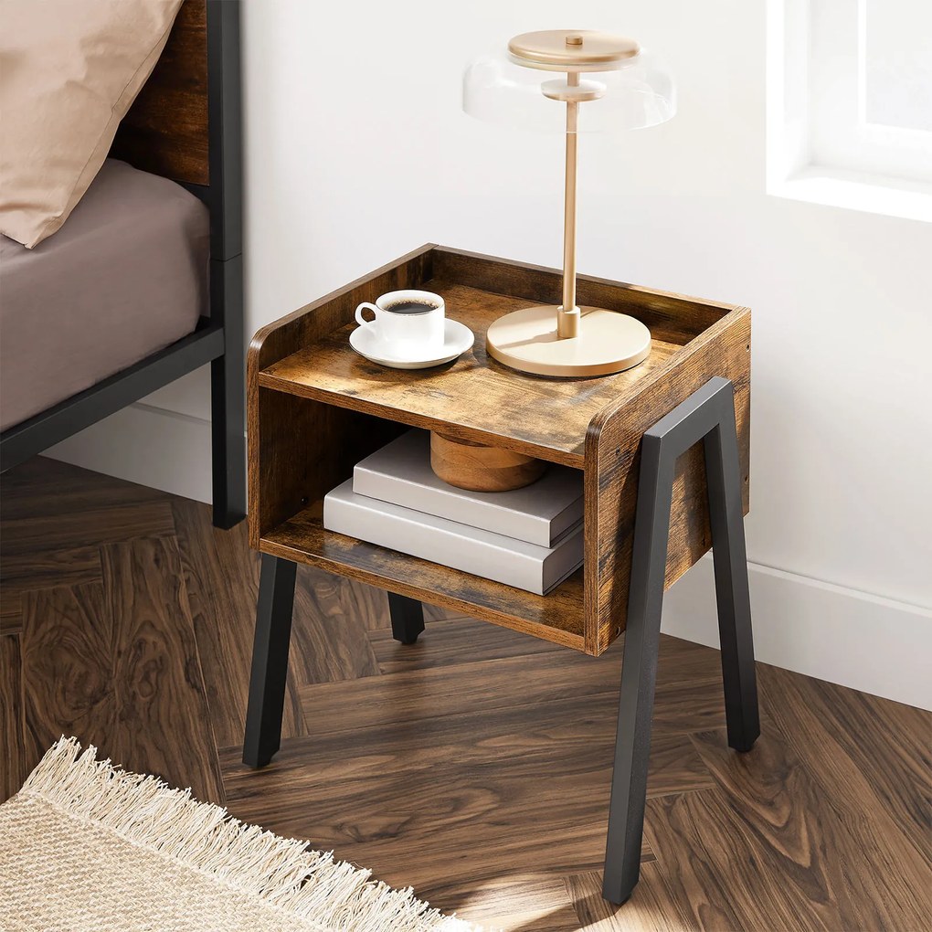 Mesa de cabeçeira ou mesa de apoio de estilo industrial com compartimento grande 42 x 52 x 35 cm Castanho Vintage-preto