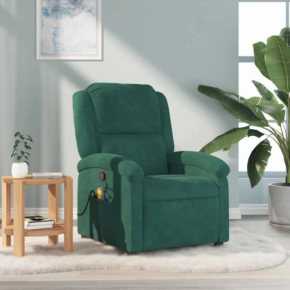 Poltrona de massagens reclinável veludo verde-escuro