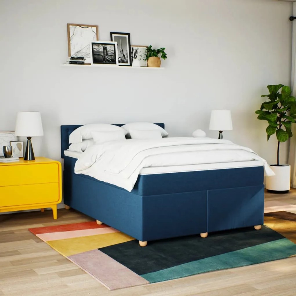 Cama com molas/colchão 160x200 cm tecido azul