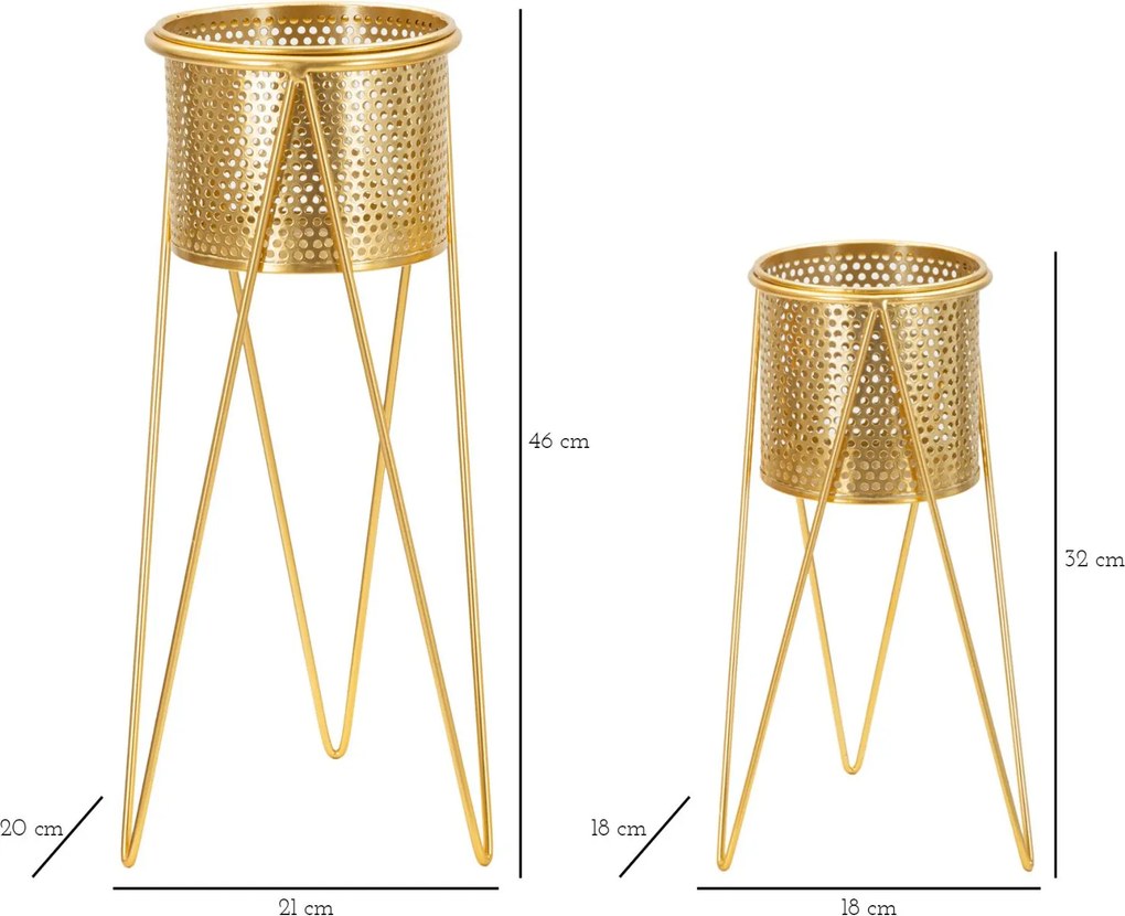 CONJUNTO DE 2 PORTA-VASOS GLAT DOURADO 21X20X46-18X18X32 CM (PLANTAS NÃO INCLUIDAS)