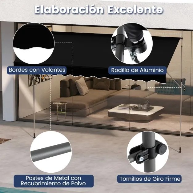 Toldo retrátil manual 4 m x 180 cm Sombra exterior ajustável sem perfuração com manivela para pátio, varanda, jardim Preto