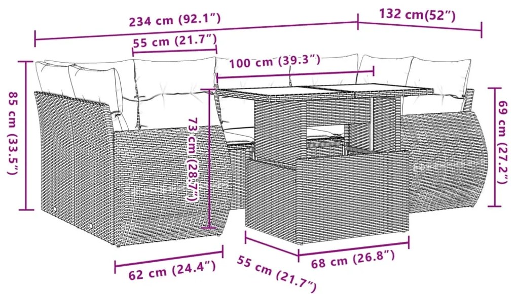 7 pcs conjunto de sofás jardim c/ almofadões vime PE castanho