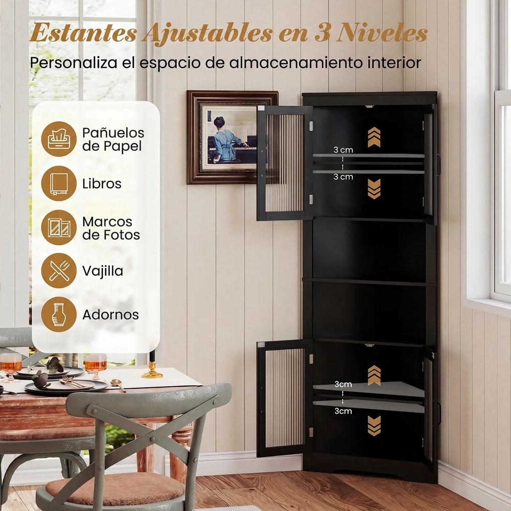 Armário de canto alto casa de banho, cozinha com 6 níveis 66 x 35 x 171 cm, portas de vidro e prateleiras ajustáveis em 3 posições, para cozinha tipo