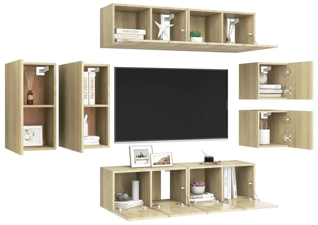8 pcs conjunto móveis de TV derivados madeira carvalho sonoma