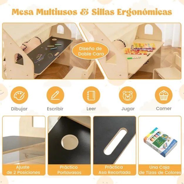 Tenda de brincar para crianças 6 em 1 145 x 98 x 113 cm dos 2 aos 6 anos com quadro de madeira cortinas secretária mesa cadeira estante bege