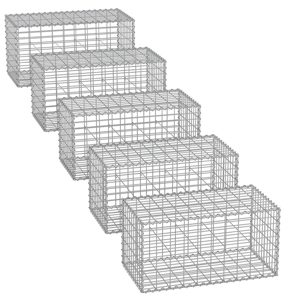 Conjunto de 5 Peças Muro Gabião 100 x 50 x 50 cm (C x L x A) Cada, de arame com malha de 5 x 10 cm para pedras Prateado