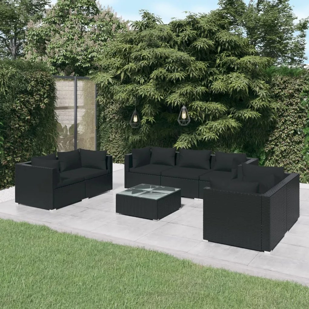 vidaXL 8 pcs conjunto lounge de jardim c/ almofadões vime PE preto