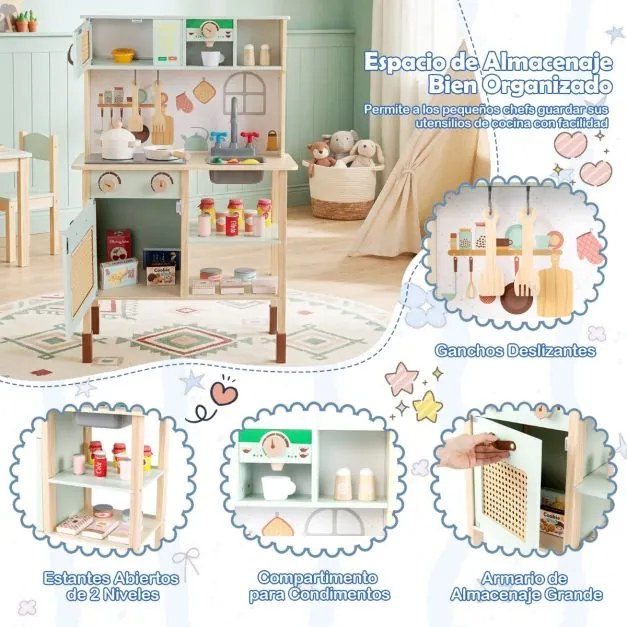 Cozinha de brincar em madeira 60 x 29 x 95 cm com luzes, sons, acessórios, forno, lava-loiça e cafeteira para crianças com mais de 3 anos, verde