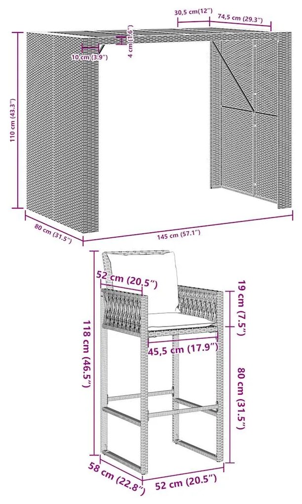 5 pcs conj. de bar jardim c/ almofadões vime PE/acácia cinzento