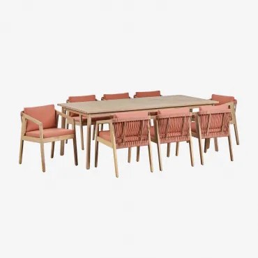 Conjunto De Mesa Retangular 220x100 Cm E 8 Cadeiras De Jardim Em Madeira De Acácia E Corda Trançada Kaela Marrom Acácia Claro & Tecido Terracota -