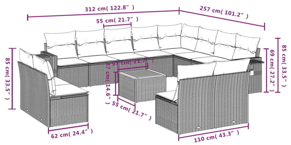 13 pcs conjunto de sofás de jardim com almofadões vime PE preto