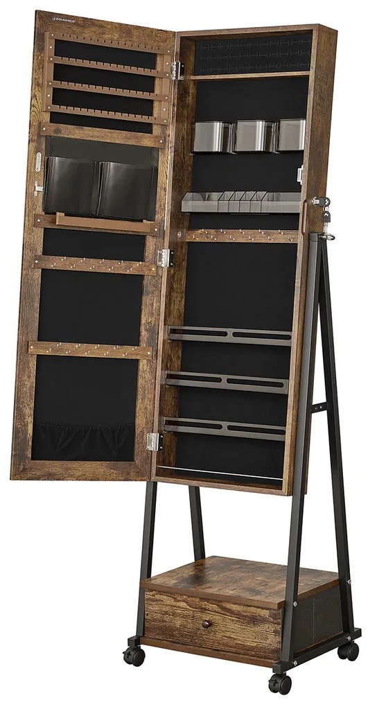 Armário de joias com espelho de corpo inteiro. | SONGMICS | 41.5 x 37 x 152.5 cm | castanho rústico e preto | JJC004X01.
