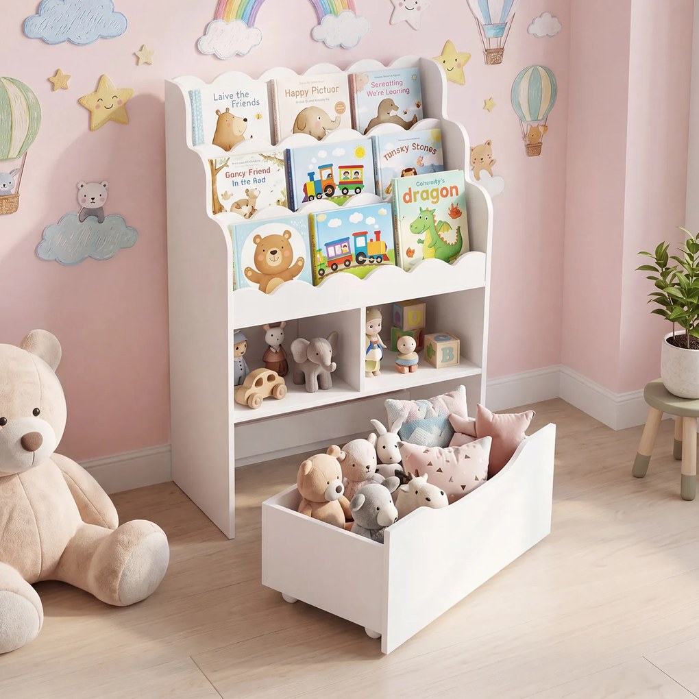Estante Infantil para Brinquedos, 30 x 60 x 91 cm, Gaveta Removível com Rodas, Branco