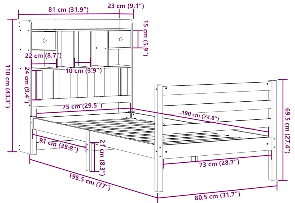 Cama com estante sem colchão 75x190cm pinho maciço castanho-mel
