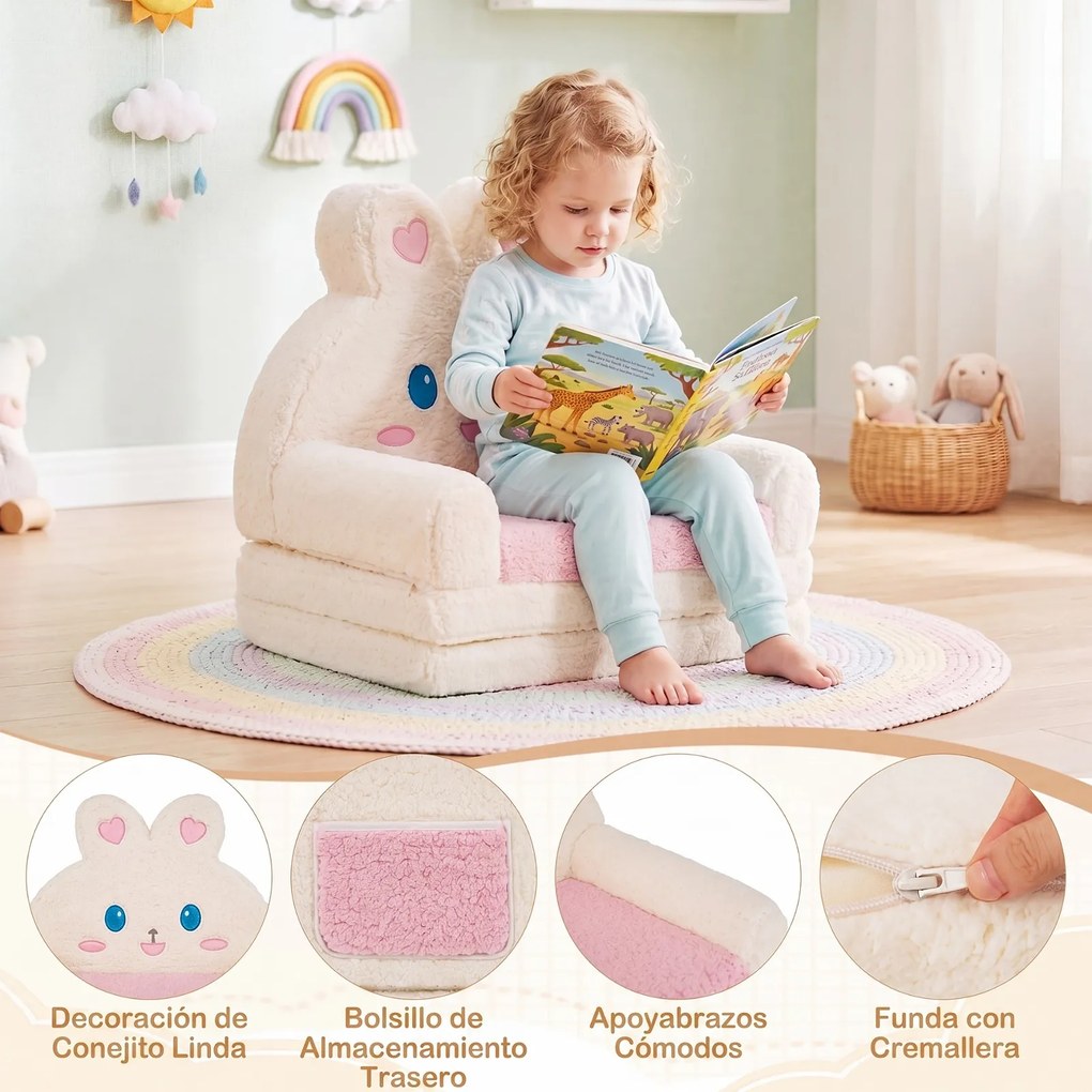 Sofá Infantil de Coelho 2 em 1, 57 x 44 x 54 cm, Convertível em Colchonete, Rosa