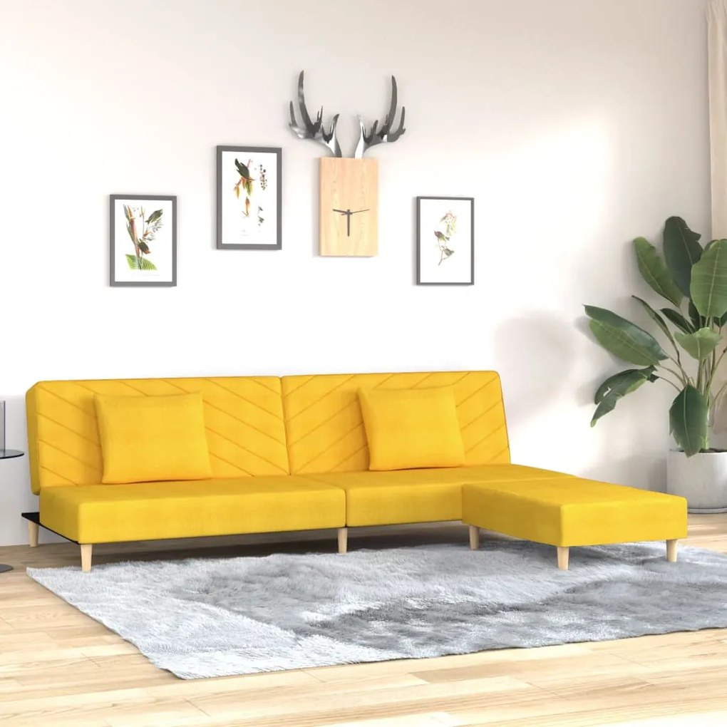 vidaXL Sofá-cama 2 lugares c/ 2 almofadas/apoio de pés tecido amarelo