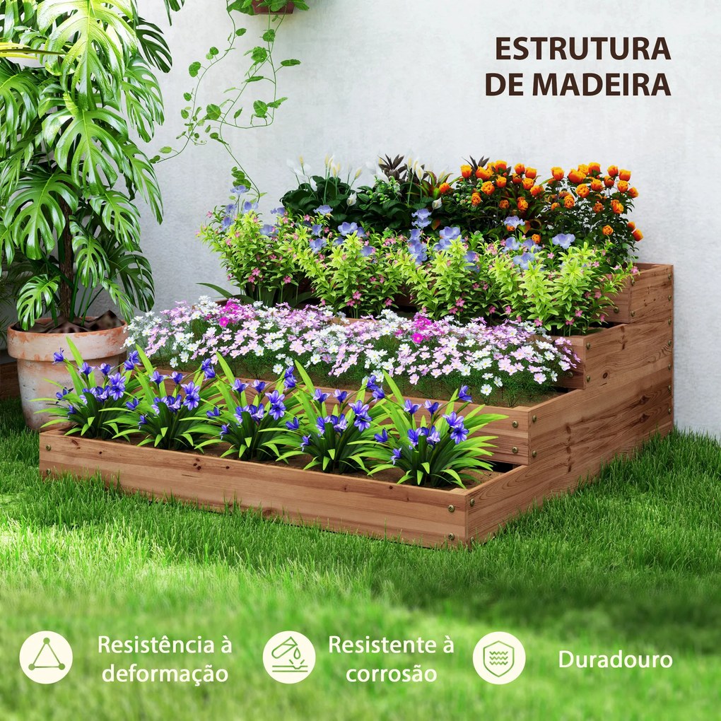 Floreira de Madeira Elevada de 4 Níveis com Desenho em Escada para Cultivos Plantas e Flores  113x113x46 cm Castanho Escuro