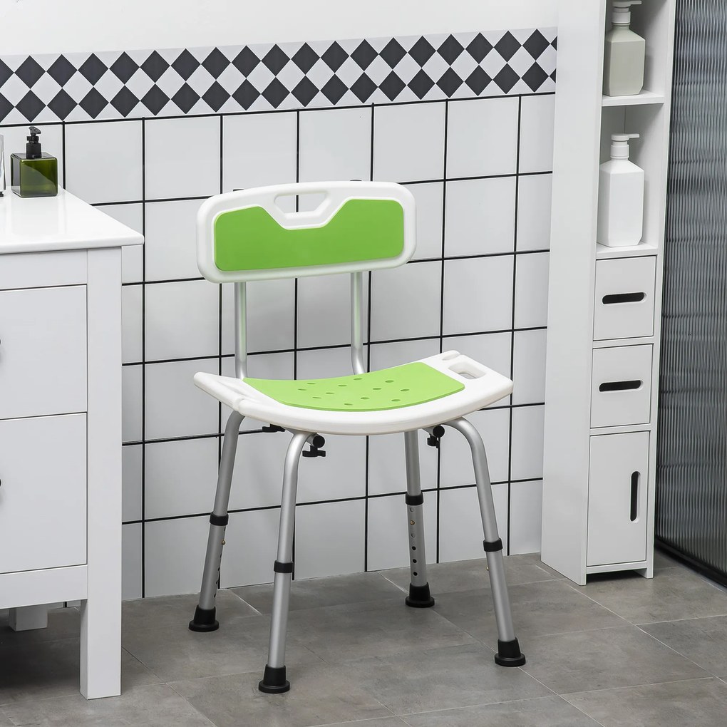 Banco de duche para idosos e pessoas com deficiência, com altura ajustável, pés antiderrapantes e suporte para o chuveiro verde, branco