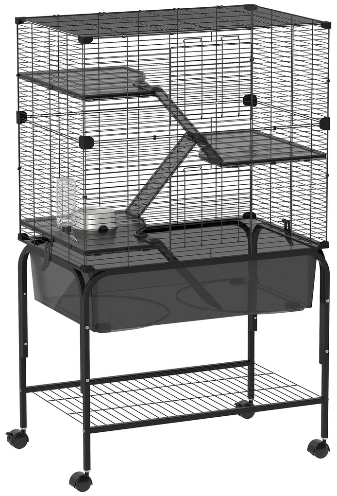 PawHut Gaiola para Pequenos Animais de 4 Níveis com Bandeja Inferior Rodas Rampas Comedouro e Bebedouro 73x47x123 cm Preto | Aosom Portugal