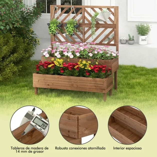 Floreira de jardim de 2 níveis com treliça e pernas 109 x 62 x 135 cm Castanho