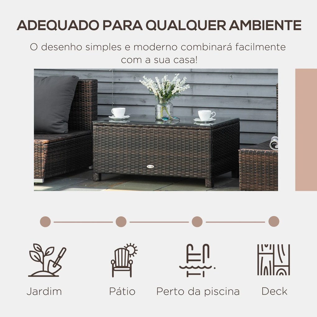Mesa de Centro Jardim de Vime Sintético Mesa de Apoio para Exterior com Vidro Temperado 85x50x39 cm Castanho