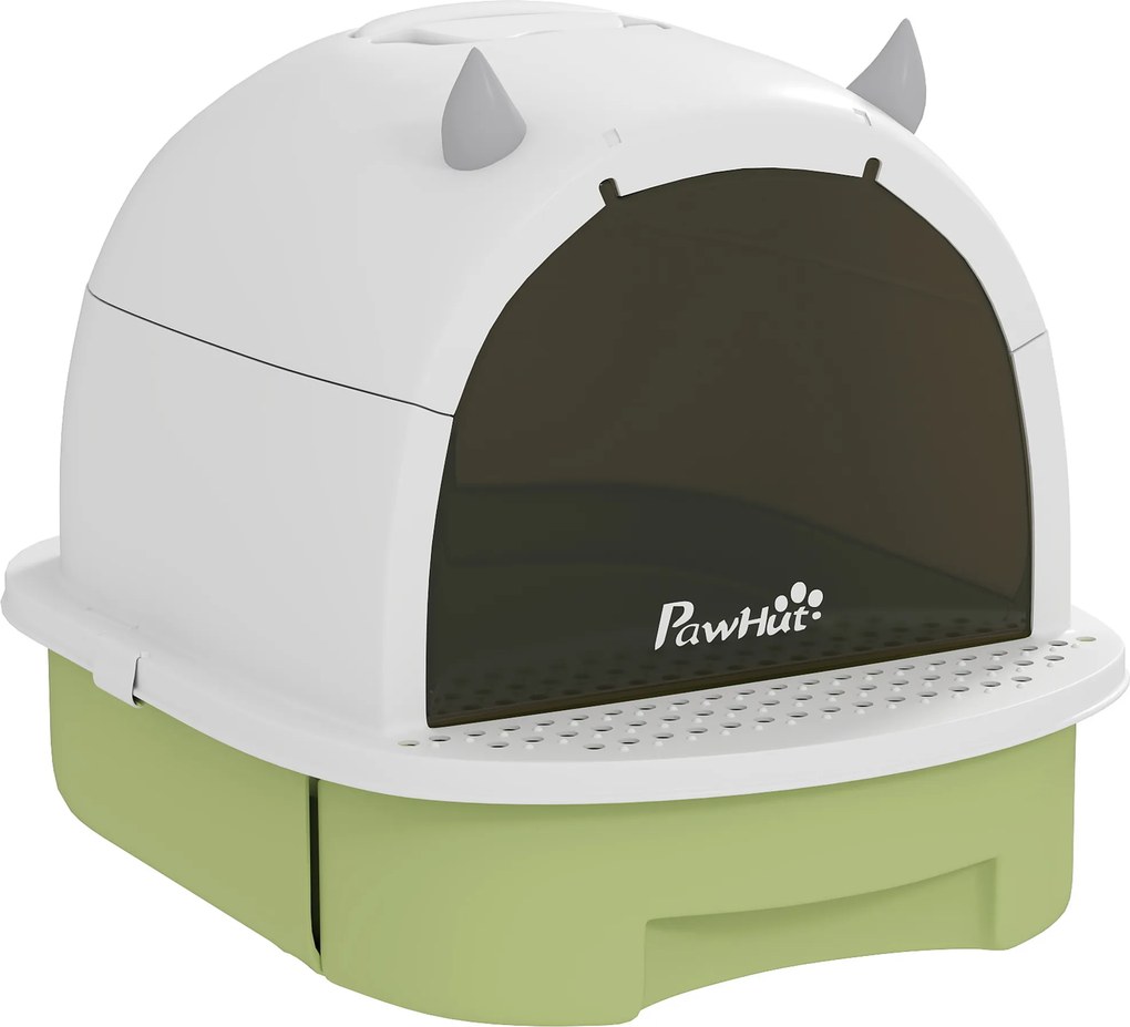 Caixa de Areia para Gatos Fechada com Tampa e Bandeja Amovíveis Filtro de Carvão e Pá 40,5x52x39 cm Branco e Verde