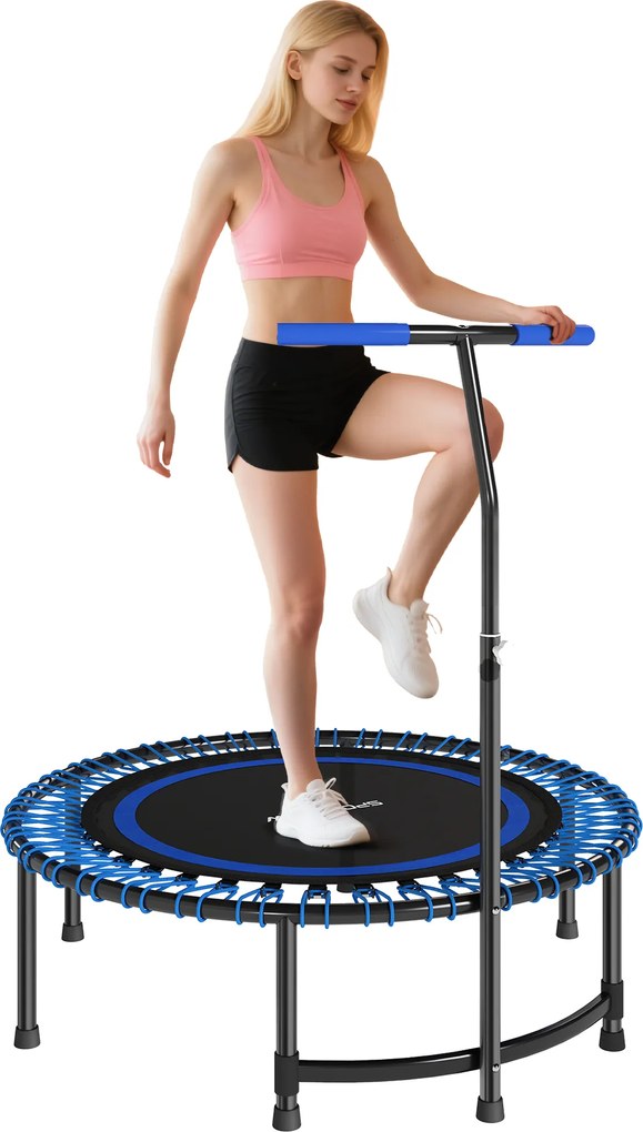 Trampolim de fitness de 114 cm, cordas elásticas, pega ajustável em 5 posições, trampolim de exercício silencioso, azul