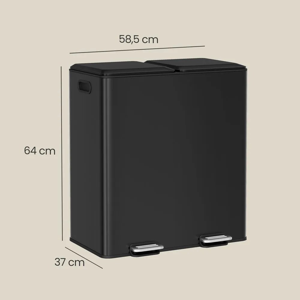 Caixote do lixo de cozinha, 2 x 30 L, 2 compartimentos 64 x 58,5 x 37 cm preto