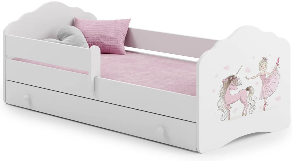 Cama infantil branca FALA 160x80 com gaveta - unicórnio e princesa - colchão e estrado incluído
