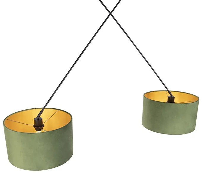 Candeeiro de suspensão preto com abajures de veludo verde e dourado 35 cm 2 luzes - Blitz Country / Rústico,Rústico