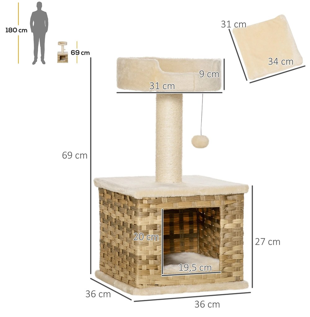 PawHut Árvore para Gatos Altura 69cm com Caverna de Vime Sintético Alm