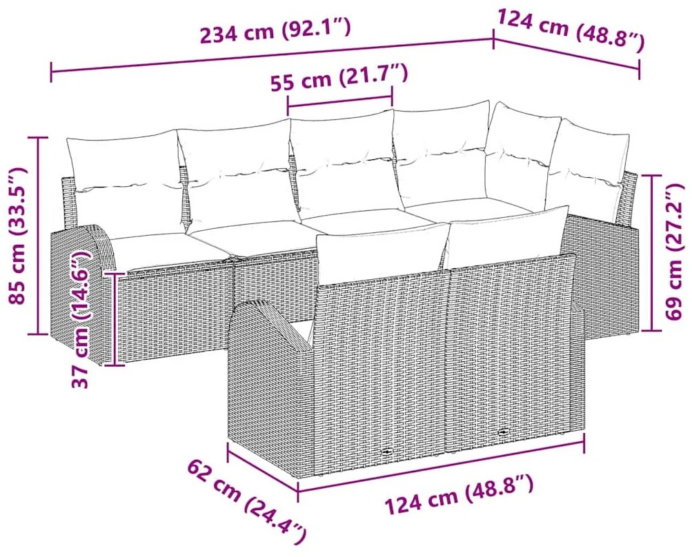 Conjunto de Sofá de Jardim 7 Peças com Almofadas Marrom em Rattan Sint