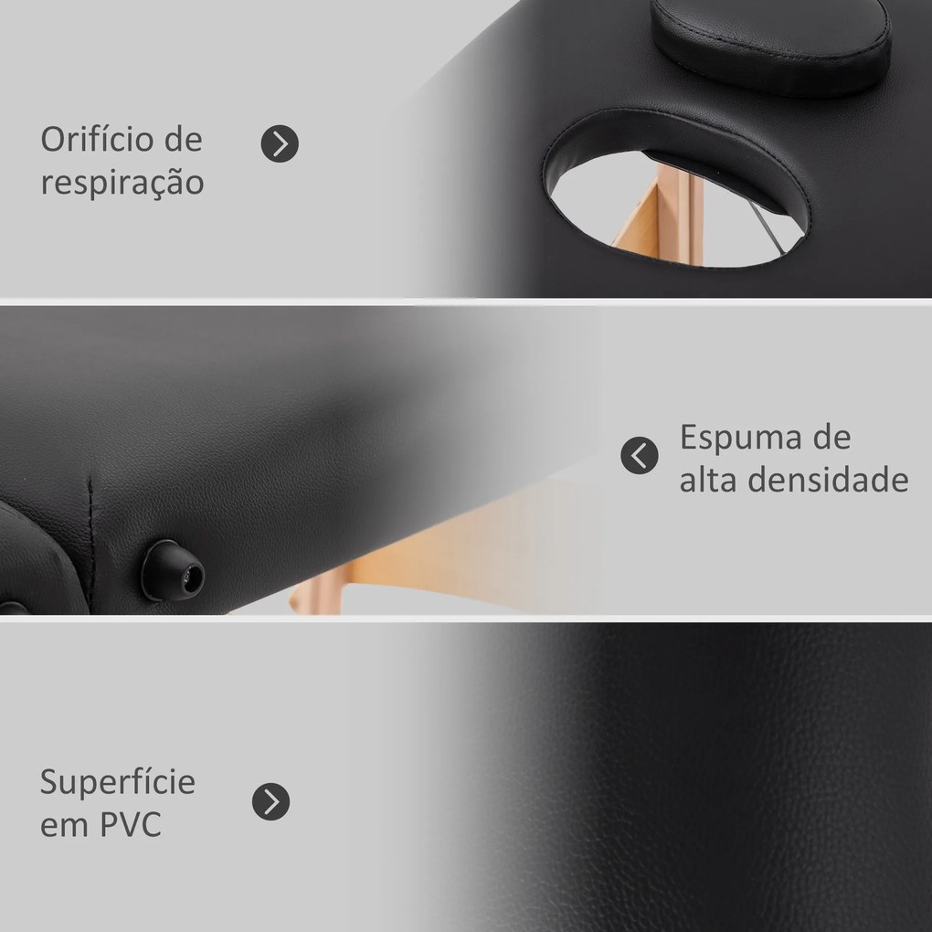 Marquesa de Massagem Dobrável Portátil com Apoio para a Cabeça Altura Ajustável e Bolsa de Transporte 186x60x58-81 cm Preto