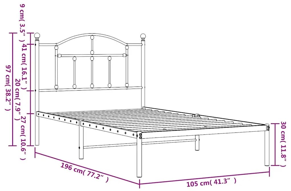 Estrutura de cama com cabeceira 100x190 cm metal preto