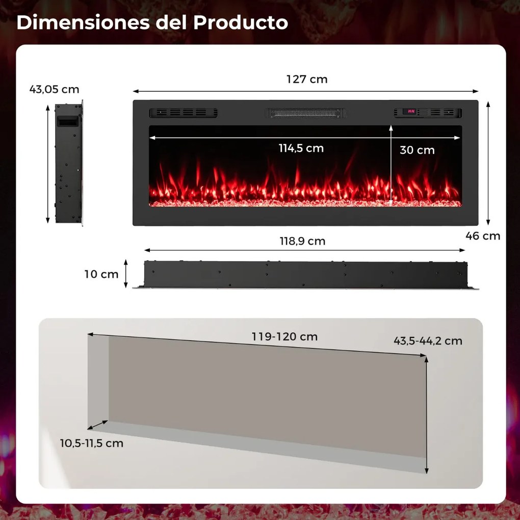 Lareira elétrica 91,4 x 10 x 46 cm embutir 750 W/1500 W compatível com Alexa e Google Assistant  com controle remoto/APP 12 cores preta
