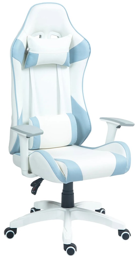 HOMCOM Cadeira Gaming Reclinável com Almofada Lombar Apoio de Cabeça Basculante e Altura Ajustável 67x60x120-128 cm Branco e Azul