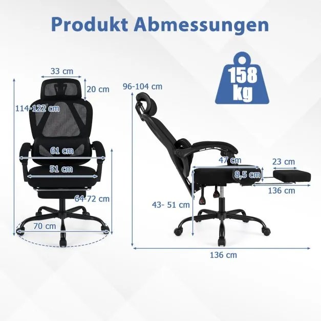 Cadeira de escritório ergonómica com apoio para os pés retrátil, cadeira de escritório com encosto ajustável Preta